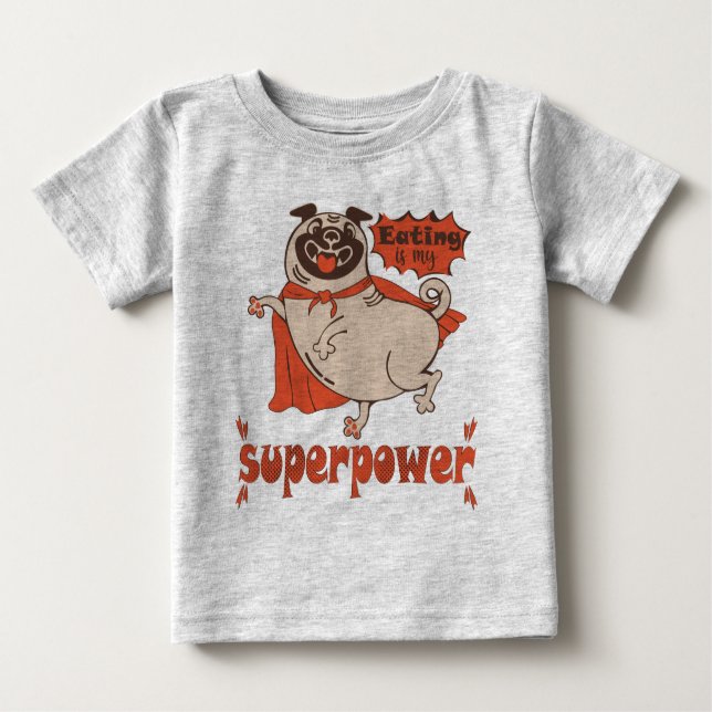 T-shirt Pour Bébé Manger est mon super-puissance rouge carlin style  (Devant)