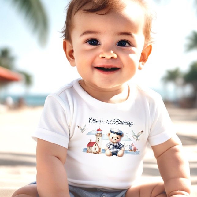 T-shirt Pour Bébé Marine Nautique Cute Bear Boy 1er Anniversaire (Nautical Sailor Cute Bear Boy 1st Birthday Baby T-Shirt)