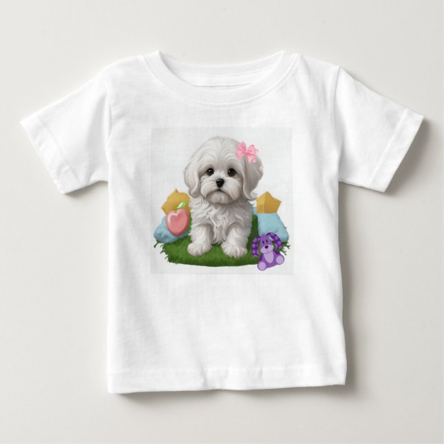 T-shirt Pour Bébé Marionnette maltaise assise avec ses jouets (Devant)