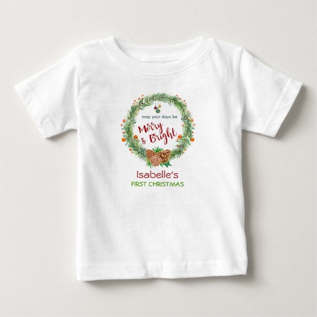 T-shirt Pour Bébé Merry & Bright Pine Aiguille Wreath First Christma (Devant)