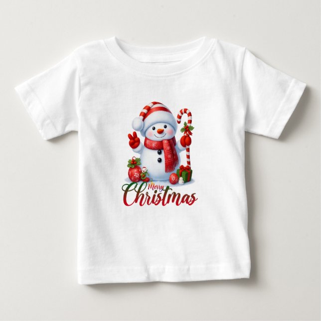 T-shirt Pour Bébé Merry Christmas Cute Snowman Illustration Tee (Devant)