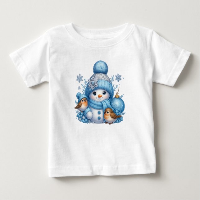 T-shirt Pour Bébé Merry Christmas Snowman With Birds Holiday Tee (Devant)