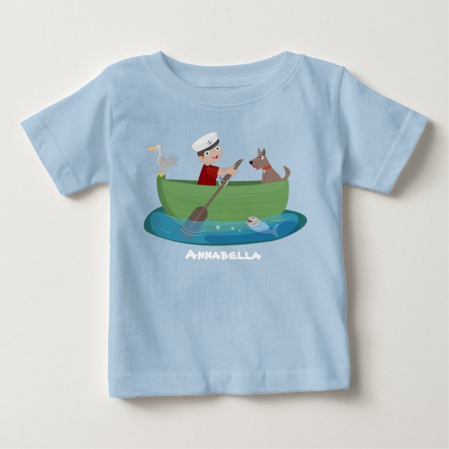 T-shirt Pour Bébé Mignon garçon marin et chien en barque dessin anim (Devant)