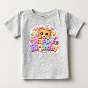 T-shirt Pour Bébé Mignon Kawaii Joyeux Anniversaire Ours en Peluche 