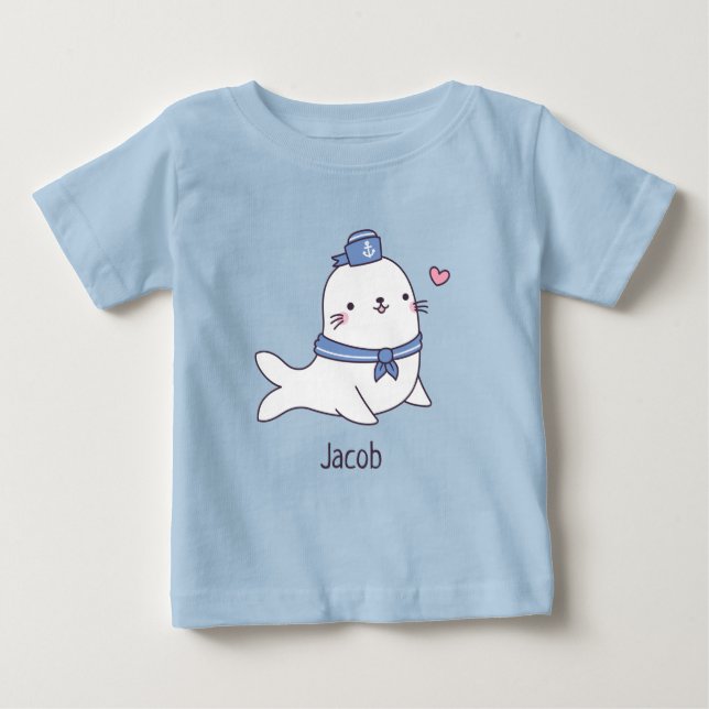 T-shirt Pour Bébé Mignon Phoque Blanc Marin Équipage Doodle (Devant)