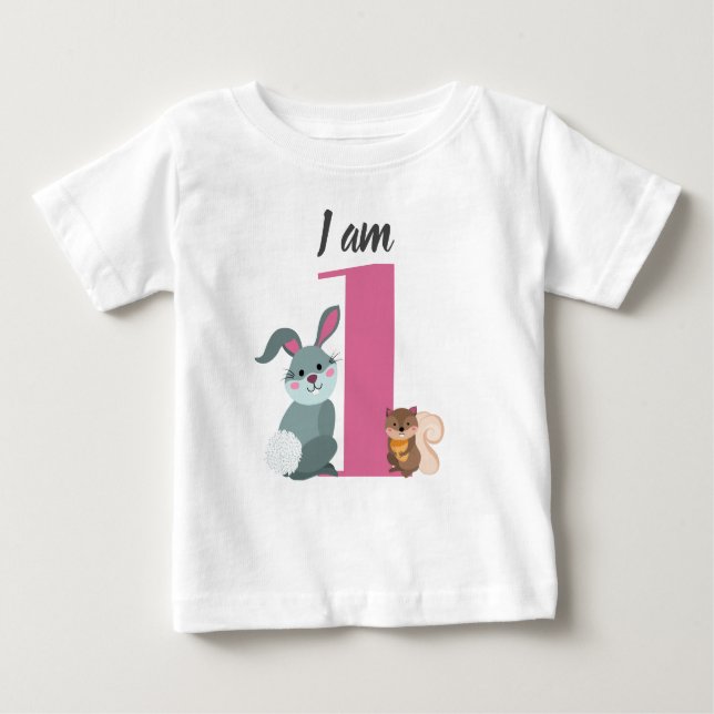 T-shirt Pour Bébé Mignonne 1er Anniversaire Lapin D'Écureuil Rose (Devant)