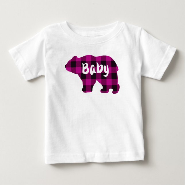 T-shirt Pour Bébé Mignonne bébé ours rose noir plaid motif (Devant)