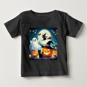 T-shirt Pour Bébé Mignonne, citrouille d'Halloween, chat & fantôme