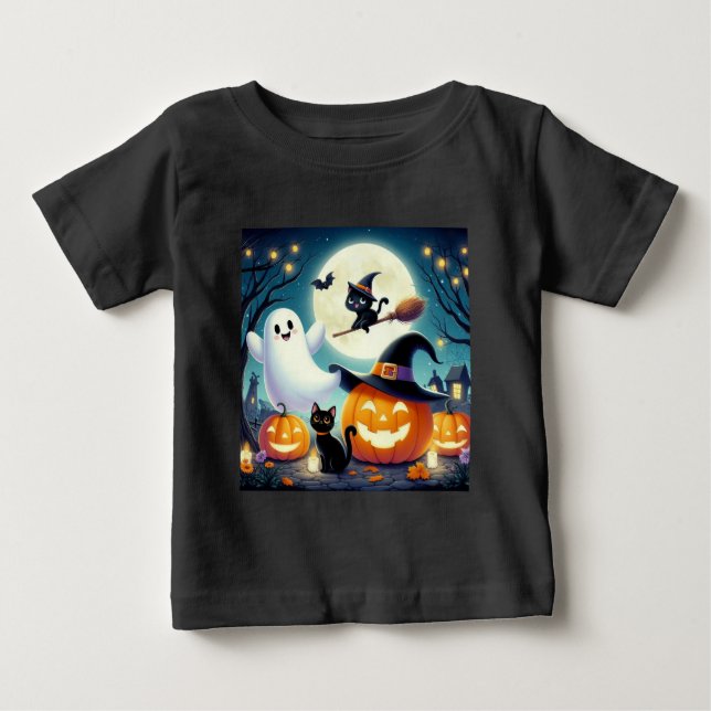 T-shirt Pour Bébé Mignonne, citrouille d'Halloween, chat & fantôme (Devant)