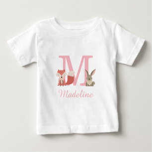 T-shirt Pour Bébé Mignonne Forêt Bois Animaux Monogramme rose