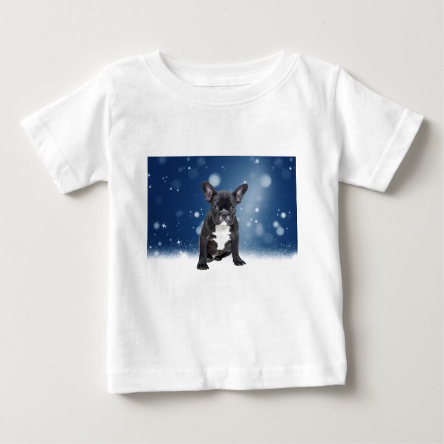 T-shirt Pour Bébé Mignonne French Bulldog Etoiles de neige Bleu Noël (Devant)