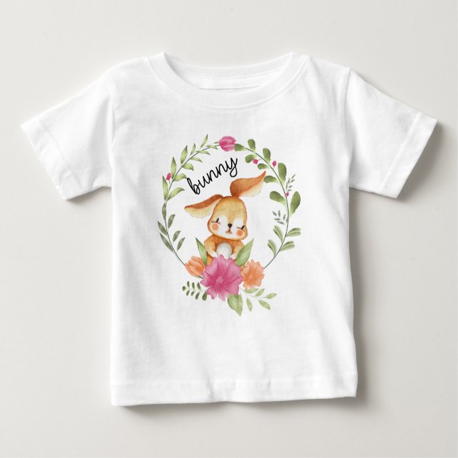 T-shirt Pour Bébé Mignonne lapin d'aquarelle et couronne de fleurs P (Devant)