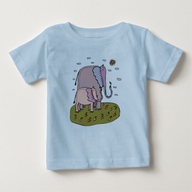 T-shirt Pour Bébé mignonne maman pastel et bébé éléphant mangeant de (Devant)