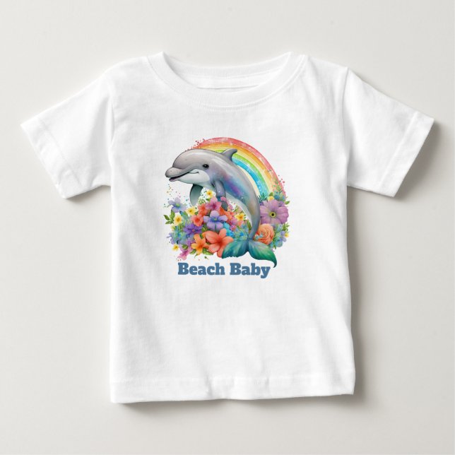 T-shirt Pour Bébé mignonne plage bébé dauphin ajouter du texte (Devant)