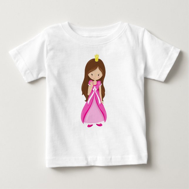 T-shirt Pour Bébé Mignonne princesse, Couronne, Cheveux Brown, Robe  (Devant)