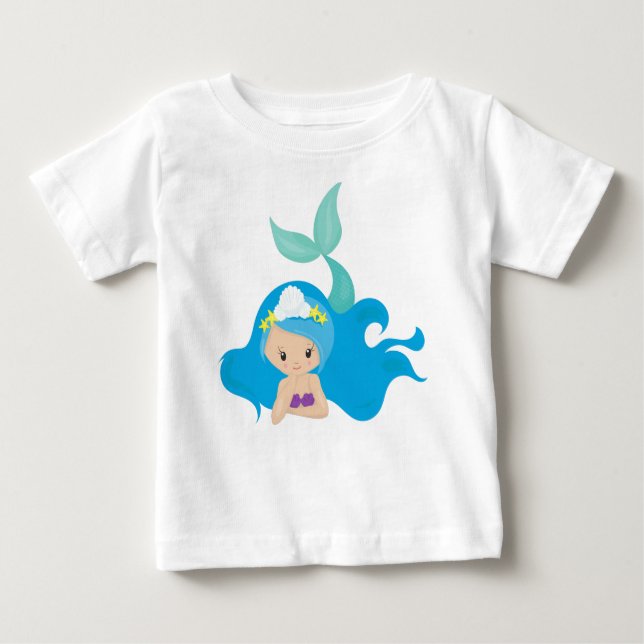 T-shirt Pour Bébé Mignonne Sirène, Cheveux Bleu, Petite Sirène, Épis (Devant)