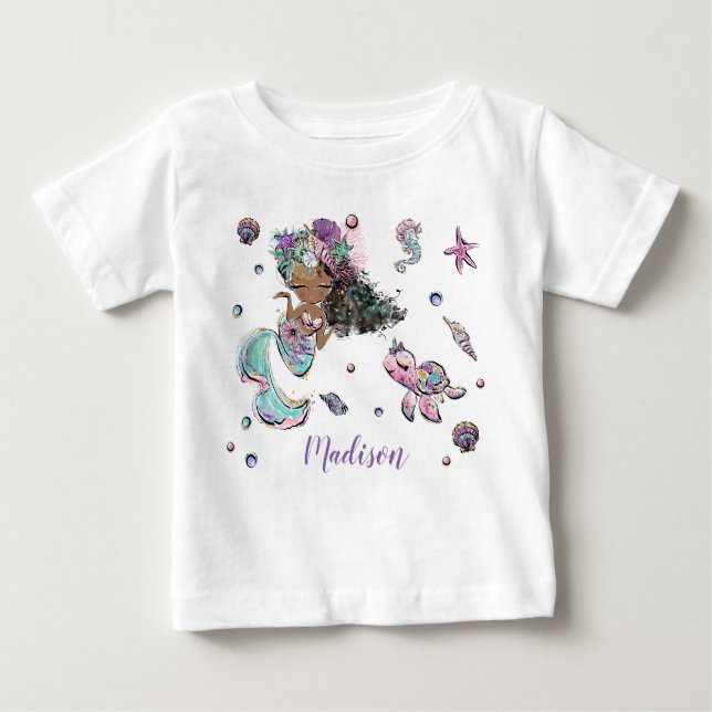 T-shirt Pour Bébé Mignonne sirène noire africaine sous la Mer Girl (Devant)