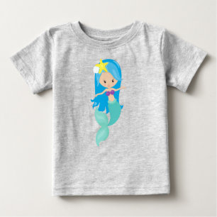 T-shirt Pour Bébé Mignonne Sirène, Petite Sirène, Cheveux Bleu, Épis