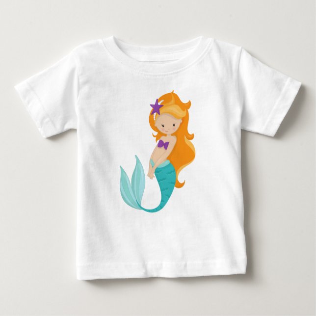 T-shirt Pour Bébé Mignonne Sirène, Petite Sirène, Cheveux orange, Ét (Devant)