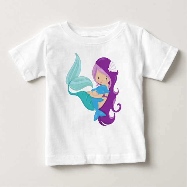 T-shirt Pour Bébé Mignonne Sirène, Petite Sirène, Cheveux pourpre, D (Devant)