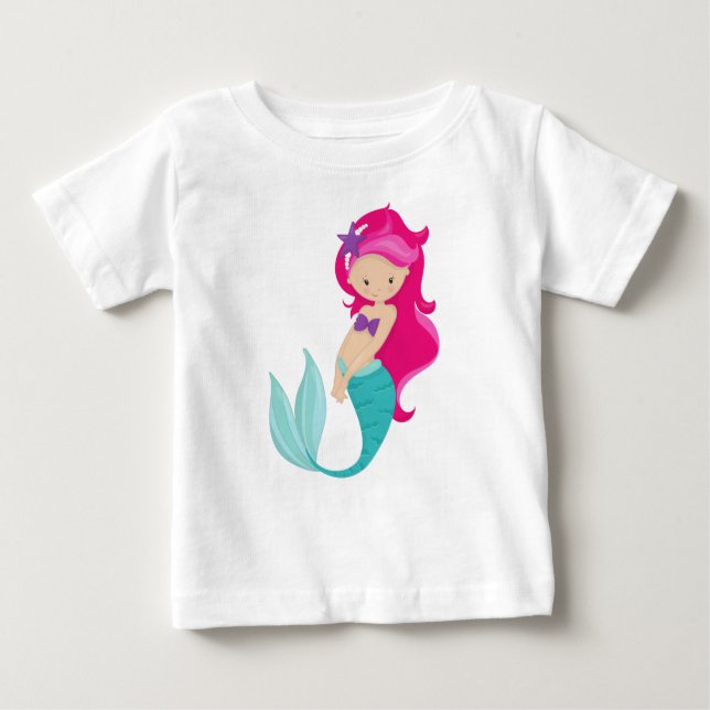 T-shirt Pour Bébé Mignonne Sirène, Petite Sirène, Cheveux Rose, Étoi (Devant)