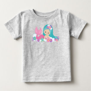 T-shirt Pour Bébé Mignonne Sirène, Petite Sirène, Fleurs, Cheveux Bl