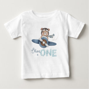 T-shirt Pour Bébé Mignonne Teddy Bear Blue Plane Un 1er Anniversaire