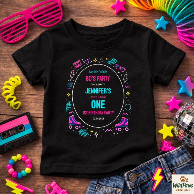 T-shirt Pour Bébé Modern Retro Neon 80’s 1st Birthday Party (Modern Retro Neon 80’s 1st Birthday Party Baby T-Shirt
)