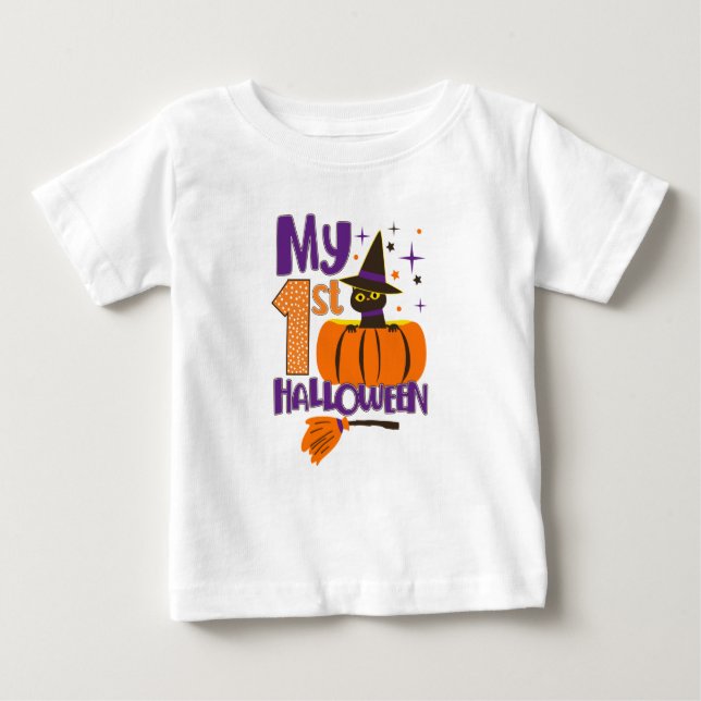 T-shirt Pour Bébé Mon 1er Citrouille d'Halloween et chat noir (Devant)