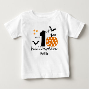 T-shirt Pour Bébé Mon 1er Halloween. Citrouille & chauves-souris. No