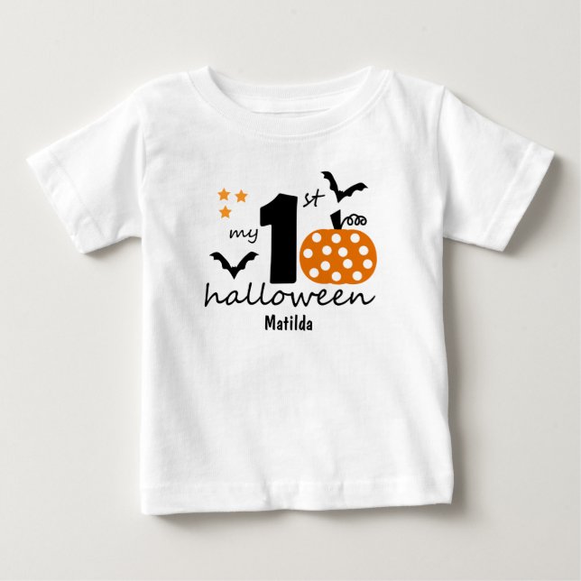 T-shirt Pour Bébé Mon 1er Halloween. Citrouille & chauves-souris. No (Devant)