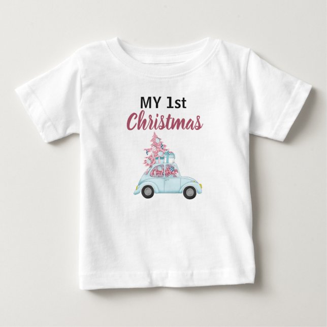 T-shirt Pour Bébé Mon 1er Noël Cute Blue Car Arbre de Noël (Devant)