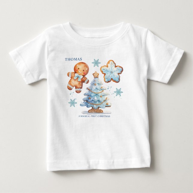 T-shirt Pour Bébé Mon 1er Noël Gingerbread Boy Snowy Tree (Devant)