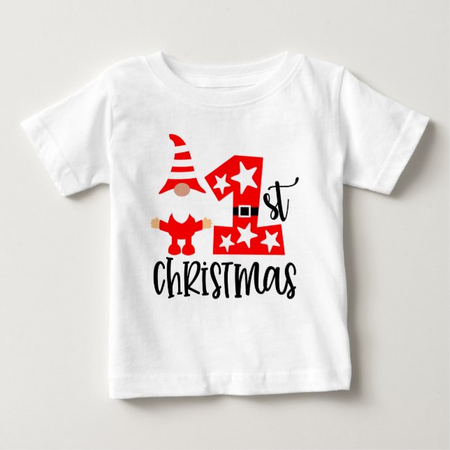 T-shirt Pour Bébé Mon 1er Noël mignon Gnome Père Noël Modern (Devant)