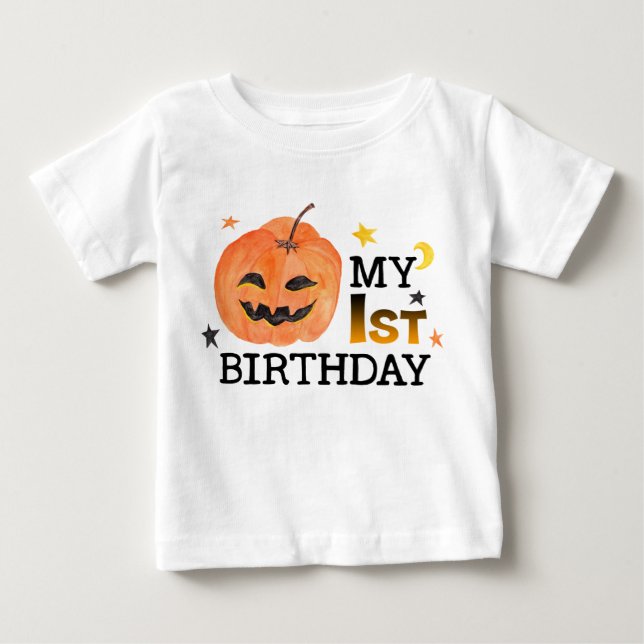 T-shirt Pour Bébé Mon premier anniversaire Citrouille Halloween auto (Devant)