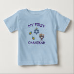 T-shirt Pour Bébé Mon premier Chanukah<br><div class="desc">Célébrez le premier Chanukah du bébé avec le menorah personnalisé de Hanoukka,  les dreidels et l'étoile juive avec adorable "mon premier Chanukah".</div>