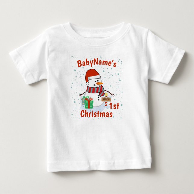 T-shirt Pour Bébé Mon premier Noël avec le nom mignon snowmen (Devant)