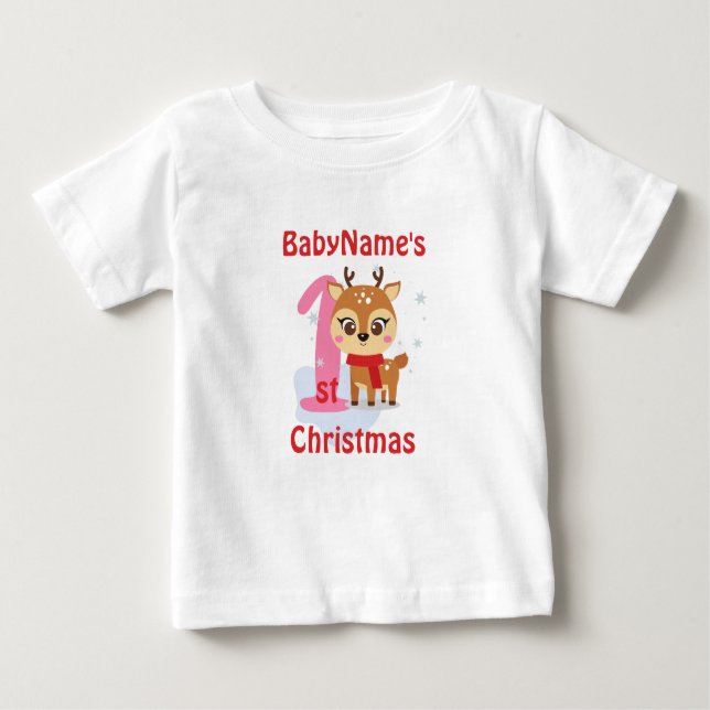 T-shirt Pour Bébé Mon premier Noël avec nom fille de rennes mignonne (Devant)