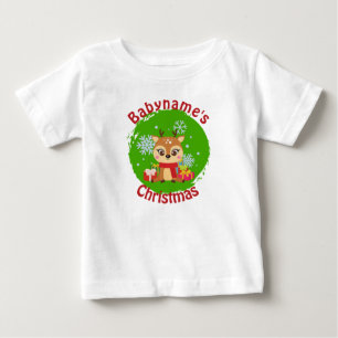 T-shirt Pour Bébé Mon premier Noël avec nom rennes mignons vert