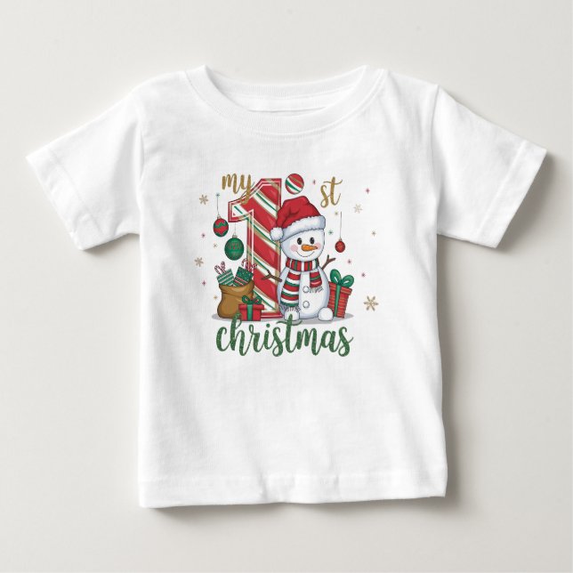 T-shirt Pour Bébé Mon premier Noël Bonhomme de neige mignon (Devant)