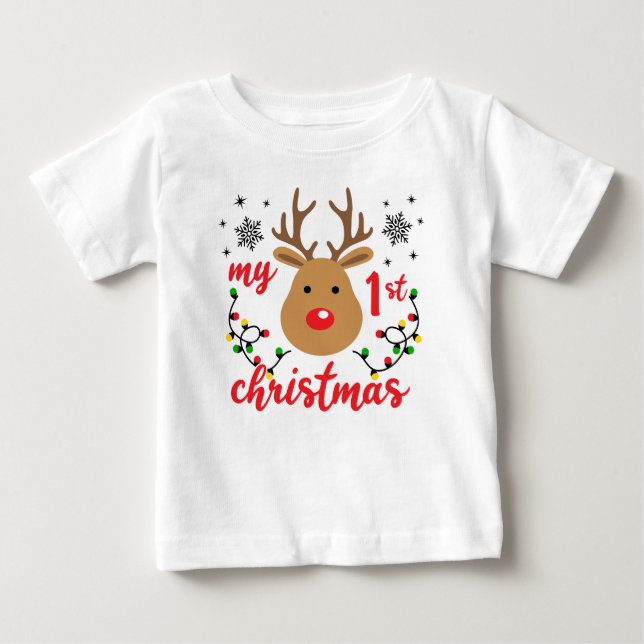 T-shirt Pour Bébé Mon premier Noël Cerf Moderne Flocons de neige (Devant)