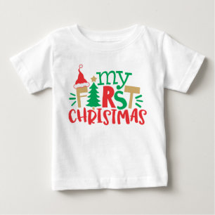 T-shirt Pour Bébé Mon Premier Noël Chapeau de Père Noël Arbre Rouge 