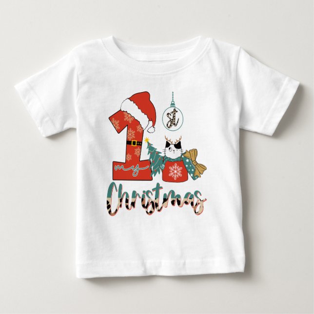 T-shirt Pour Bébé Mon premier Noël Chat Mignon (Devant)