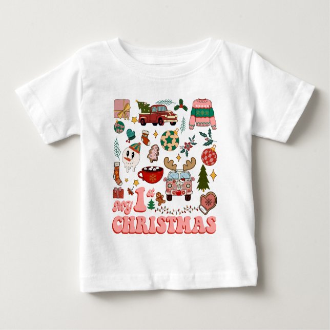 T-shirt Pour Bébé Mon premier Noël Images rétro mignonnes et funky (Devant)