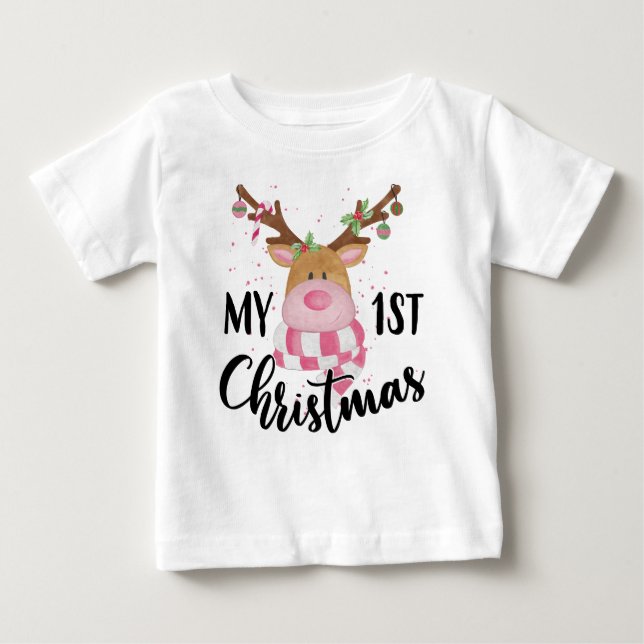 T-shirt Pour Bébé Mon premier Noël mignonne Reindeer Baby Girl (Devant)