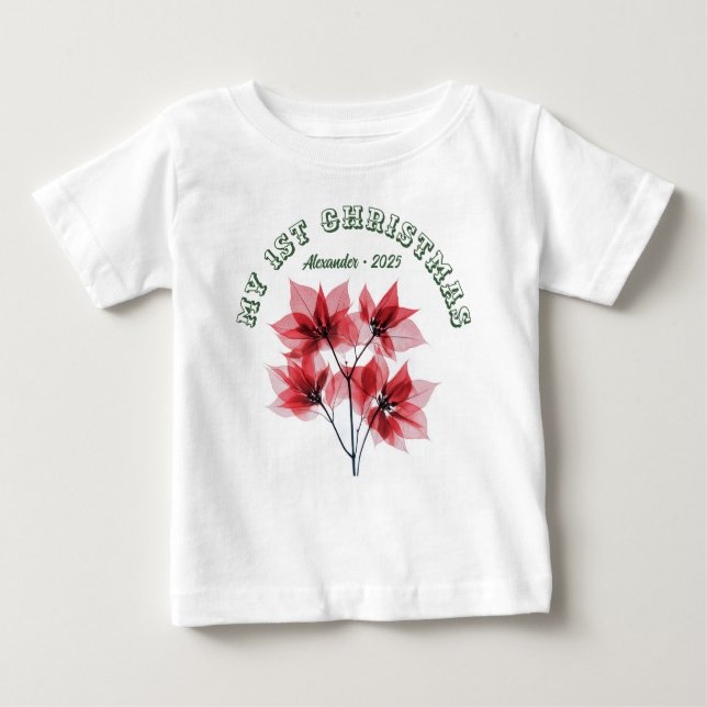 T-shirt Pour Bébé Mon premier Noël Poinsettia - Nom du bébé (Devant)