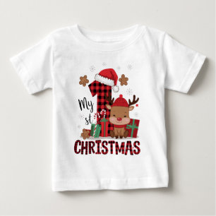 T-shirt Pour Bébé Mon Premier Noël Renne Mignon Plaid Rouge