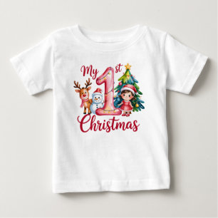 T-shirt Pour Bébé Mon premier Noël rose bébé fille Xmas bonhomme de