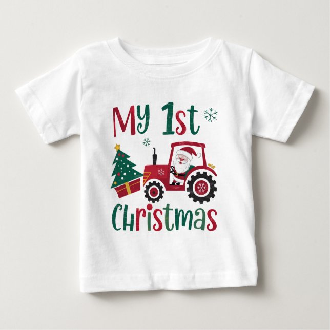 T-shirt Pour Bébé Mon premier Noël Tracteur Père Noël Mignon Ferme (Devant)