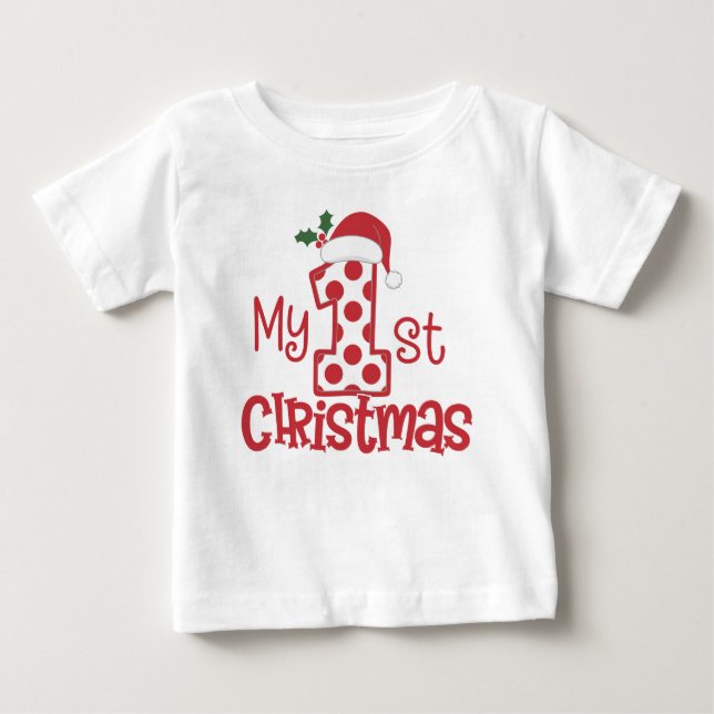 T-shirt Pour Bébé Mon premier Noël Typographie Cute Red Polka Dot  (Devant)